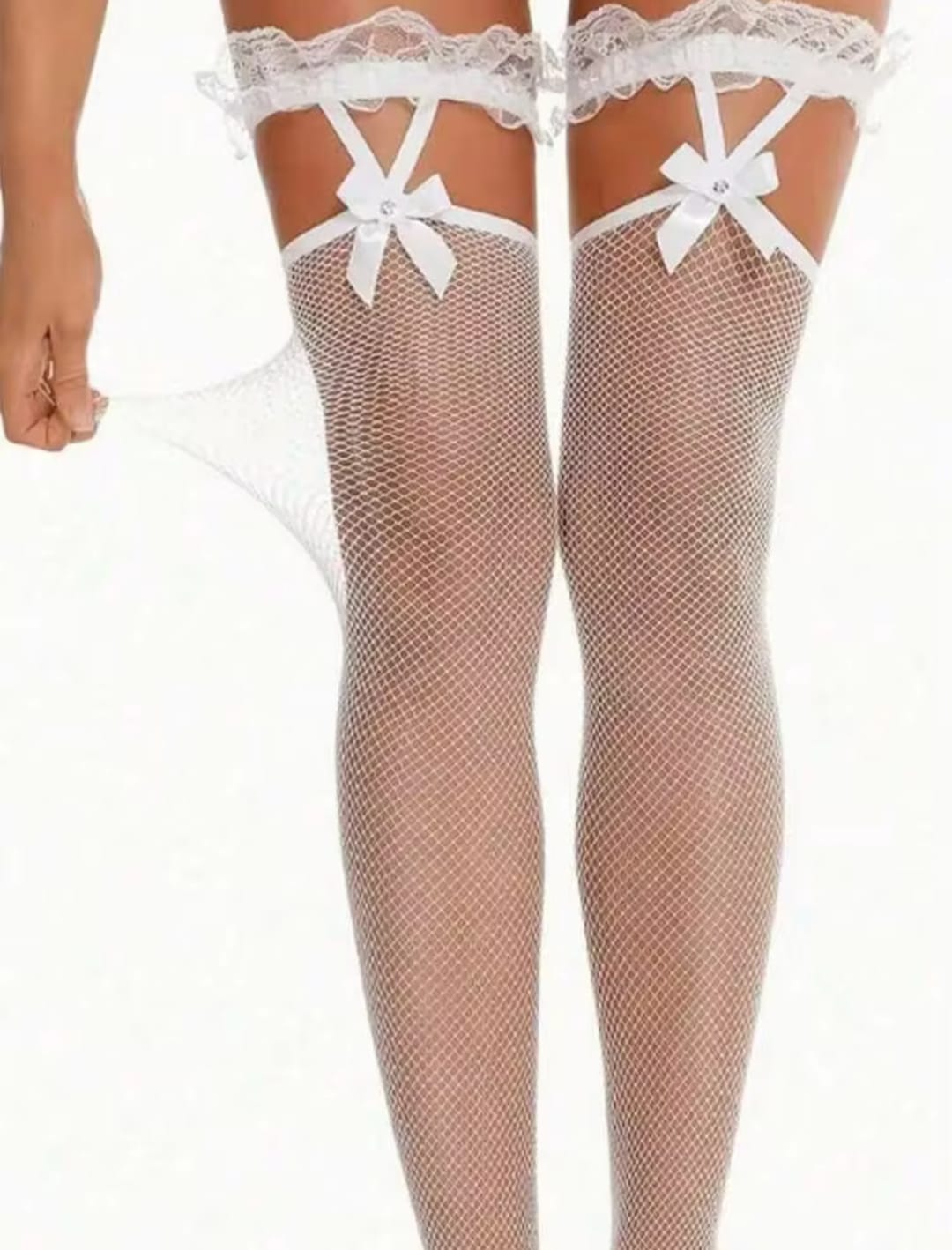 Women’s Lace Top Fishnet Thigh High Stockings with Bow & Decorative Straps – Black & White